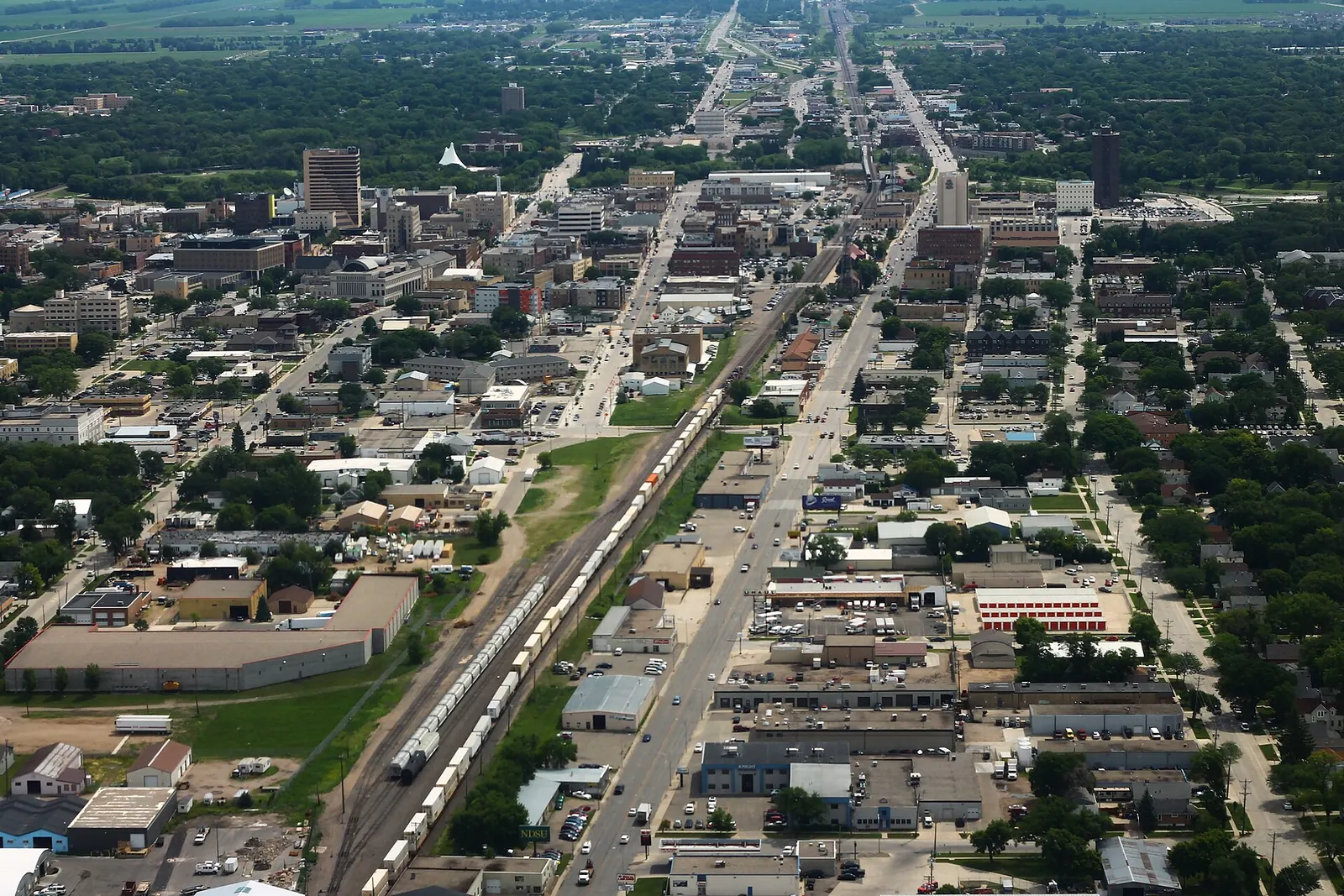 Aerial view of Fargo, North Dakota facing east