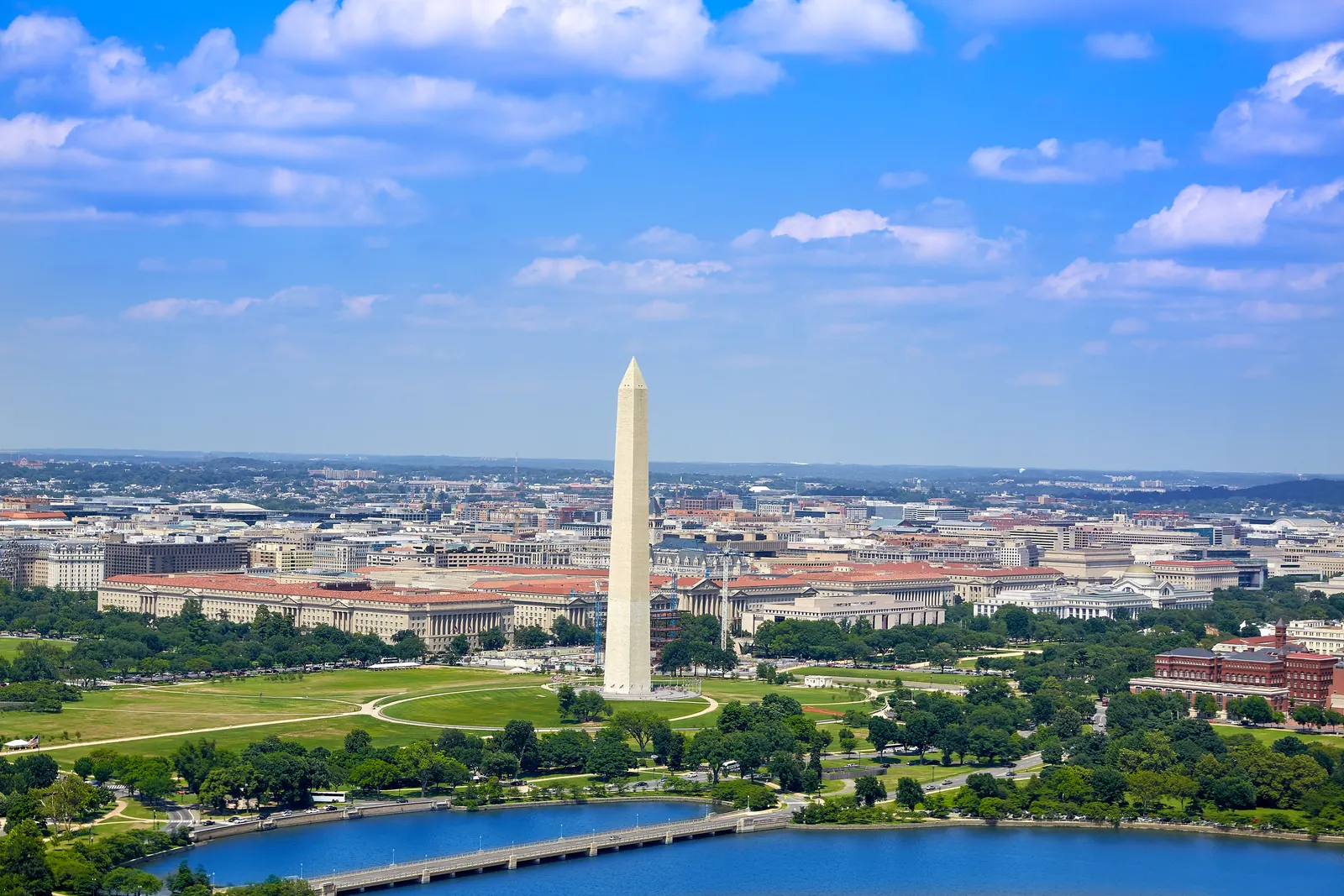 Aerial view of the Washington Monument and the National Mall in Washington, DC, above the Tidal Basin